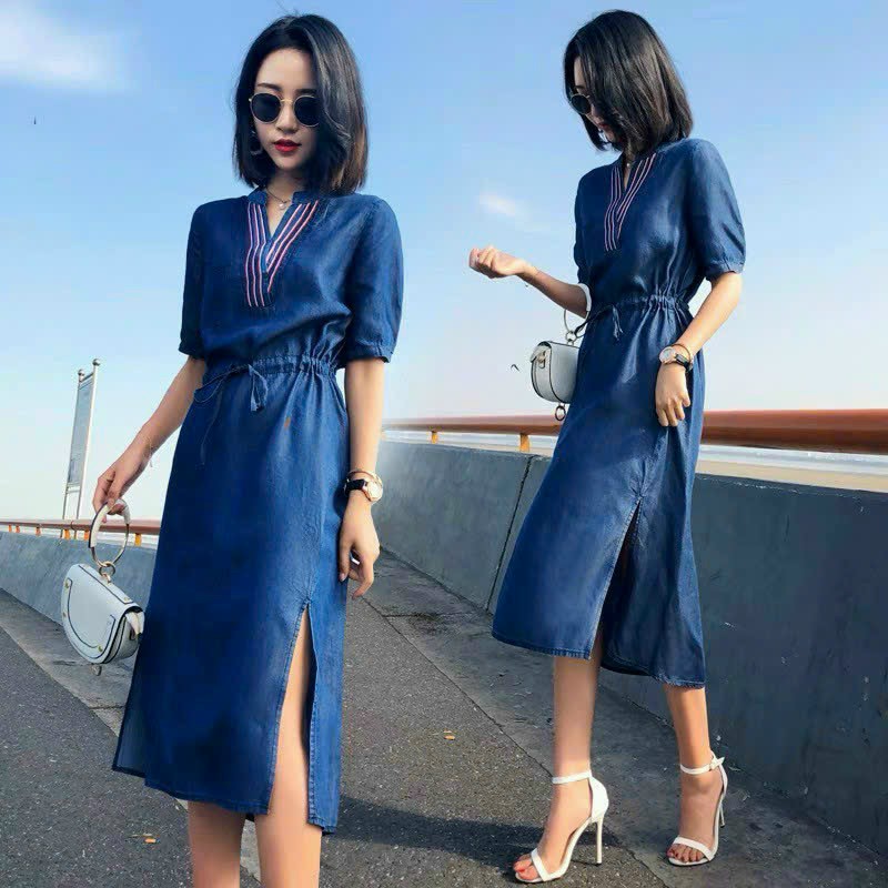 ĐẦM JEAN DENIM DÁNG XÒE CỔ TRỤ PHỐI VIỀN